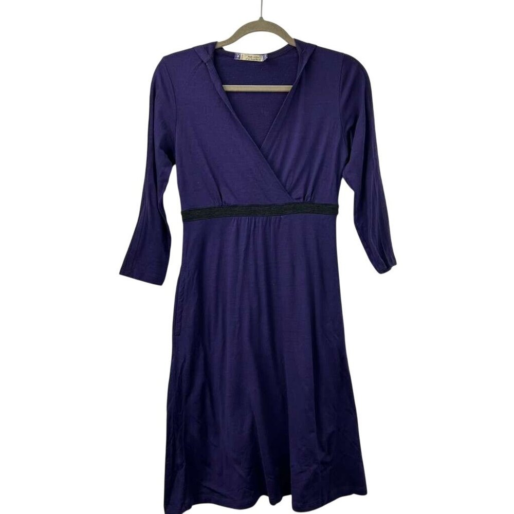 Ibex Women's Small Hooded V-Neck Merino Wool Blend Purple Dress 3/4 Sleeve